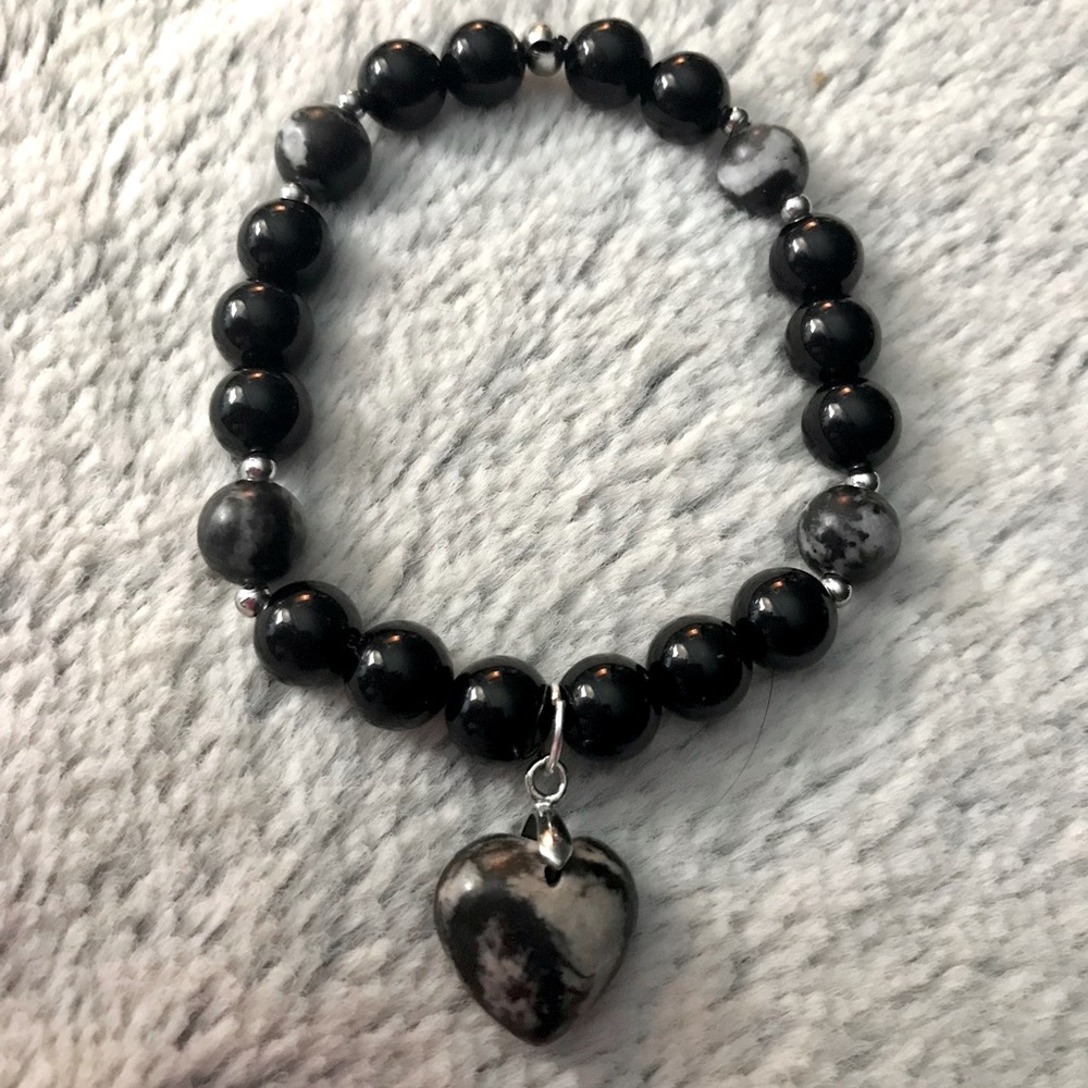 Black Obsidian & Black Zebra Jasper Heart Bracelet